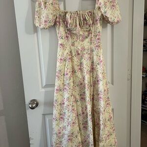House of CB Cream Floral Puff-Sleeve Midi Dress